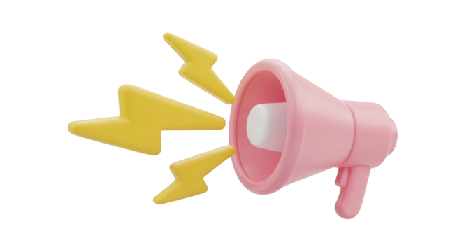 Pink 3D Megaphone with Yellow Lightning Bolts on Transparent Background loudspeaker announcement isolated on a transparent background