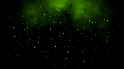 Perfect green fire particles embers, dust on background . Smoke fog misty texture overlays .