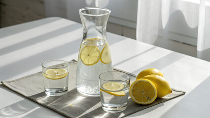 Glass carafe and drinking glasses filled with lemon water on bright table with whole lemons nearby, perfect for detox diet visuals, wellness blogs and healthy lifestyle concepts