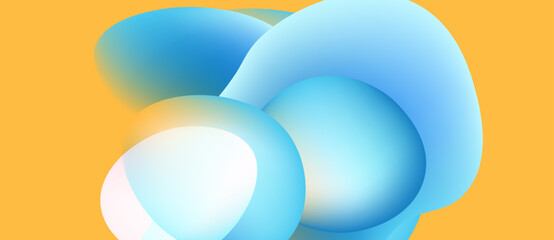 Abstract shapes overlap, creating soft blue gradients against warm yellow background. Minimalist design evokes fluidity, light, depth.