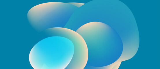 Abstract shapes overlap, creating soft gradients. Blue, yellow hues dominate composition. Minimalist design evokes fluidity, calmness.