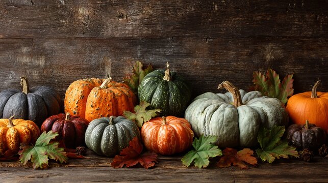 Vibrant assortment of autumn pumpkins and gourds arranged beautifully on rustic wooden background for fall harvest