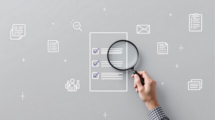 Checklist audit review with magnifying glass for business compliance and quality control process concept