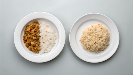 Top view of two white plates with cooked rice portion and mixed vegetable rice meal on gray background perfect for food comparisons healthy diet visuals culinary blogs and nutrition concepts