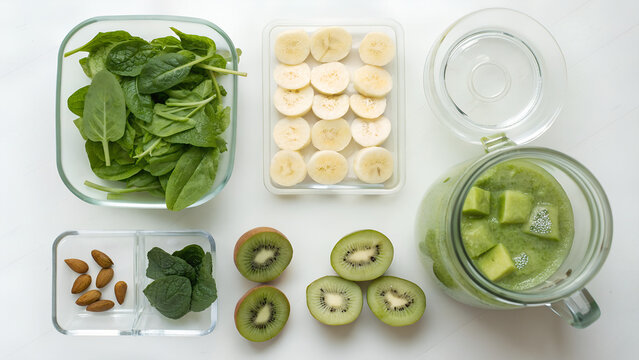 Flat lay of fresh spinach banana kiwi almonds and green smoothie ingredients arranged on white background with glass of water perfect for healthy diet visuals nutrition blogs and wellness concepts