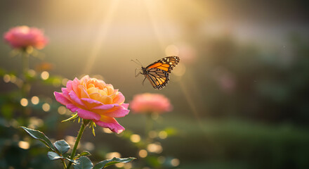 A colorful butterfly with orange wings rests on a yellow flower in a beautiful, summer garden, a true close-up of nature's beauty