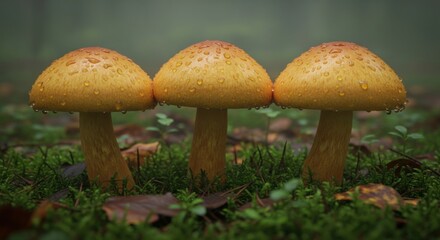 Three Yellow Mushrooms with Water Droplets on Caps Growing in Lush Green Moss in a Damp Forest
