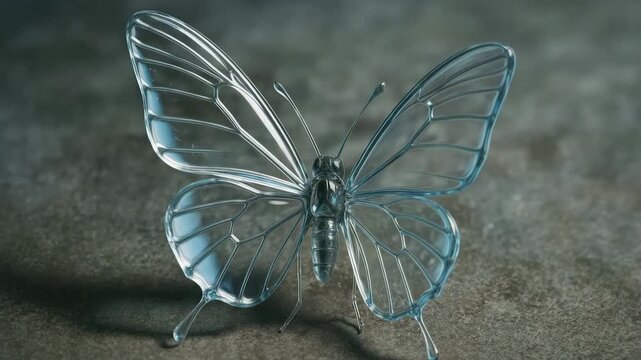 Glass Butterfly Gently Flapping Wings on Gray Background