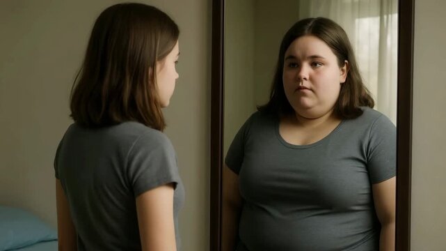 Young woman looking at her reflection in the mirror