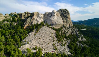 Fototapeta premium Aerial view of Mount Rushmore featuring presidential sculptures surrounded by lush forest