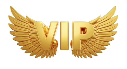 Golden VIP text with wings luxury isolated on a transparent background