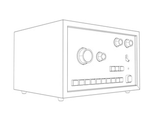 A black and white power supply box with a glossy finish and a top lid features a grid of buttons on its front panel, creating a rhythmic contour for the arranger.