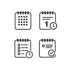 Four stylized monochrome vector notepad icons, horizontally aligned on white, with various symbols, representing organization, planning, and tasks.