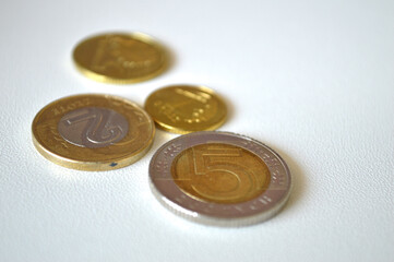 Polish Zloty Coins: European Currency and Finance. A clean, close-up shot of a small number of Polish Zloty coins on a white textured surface. 