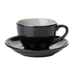 Black coffee cup and saucer isolated on transparent background