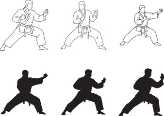 Karate Stance Line Art and Silhouette Vector Illustration Set