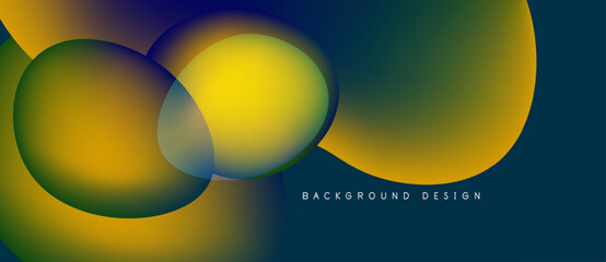 Abstract fluid shapes blend, creating vibrant gradient background. Yellows, greens, blues dominate composition. Modern design element.