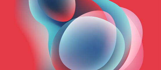 Abstract fluid shapes blend, creating vibrant color gradients. Red, blue, pink hues dominate composition. Smooth transitions define forms.