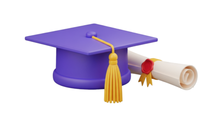 Purple Graduation Cap and Diploma with Yellow Tassel education academic isolated on a transparent background