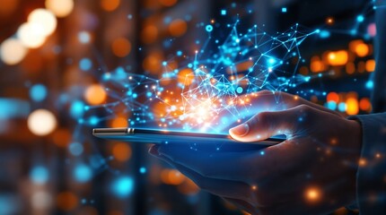 Hands holding tablet with digital network connection technology and data visualization concept