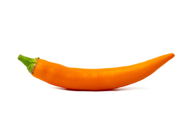 Photo of Aji Amarillo pepper taken with a high-resolution camera using the focus-stacking technique on a white background.