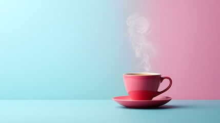 Fototapeta premium Minimal hot coffee cup with visible steam rising on pastel background, simple elegant beverage concept for modern lifestyle, relaxation, comfort and freshness.