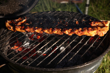 Atmospheric photograph of ribs cooking on a grill at night; smoky embers and flame-lit meat create a delicious, rustic scene ideal for food, culinary and outdoor lifestyle use