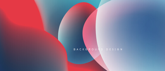 Abstract fluid shapes blend, creating vibrant red, blue gradients. Modern design emphasizes smooth transitions, soft textures. Background features subtle text.