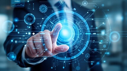 Digital transformation concept businessman touching screen with futuristic interface technology  system