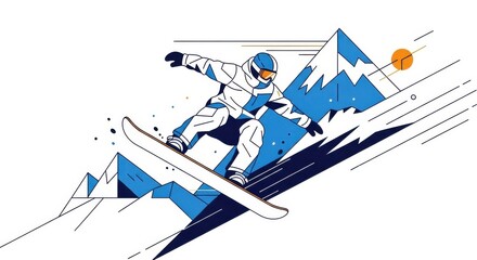 Dynamic snowboarding illustration with minimalist mountain backdrop design