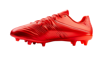 Illustration of a red soccer shoe isolated on transparent background, highlighting the design and features of the footwear used for playing football and other sports on the field