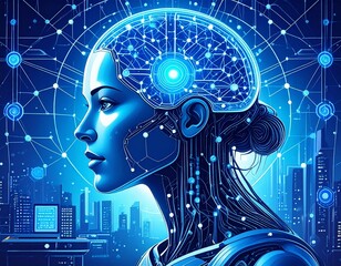 A futuristic portrait of a woman with a digital brain, showcasing advanced technology and a city backdrop.