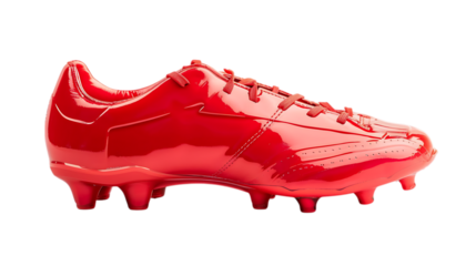 Illustration of a red soccer shoe isolated on transparent background, showcasing the design and features of the footwear used for playing football and other sports on the field