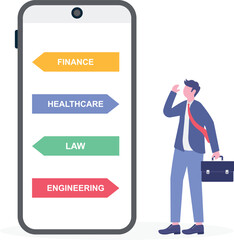 Flat illustration of person in thinking pose sitting on multiple signposts with different career paths

