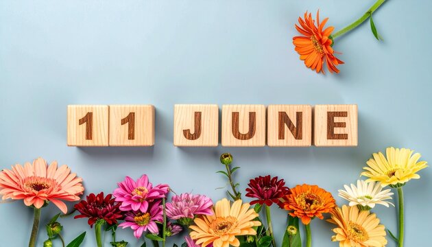 Wooden Blocks with Date 11 June. Floral Calendar – Vibrant Flowers on Solid Colored Background