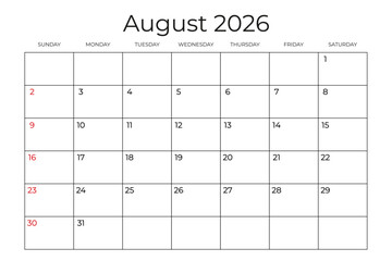 Printable Monthly Calendar template for August 2026. Week Starts on SUNDAY. Wall Calendar in a Minimalist Style. Simple and clean design. Ready to print. Vector illustration