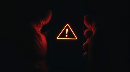 Warning sign red alert danger caution problem risk error exclamation mark attention hands dark digital screen