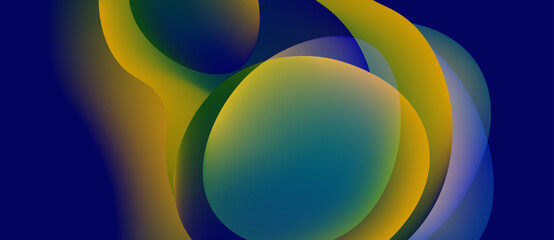 Abstract fluid shapes blend, creating vibrant color gradients. Blue, yellow, green hues dominate composition. Smooth transitions define forms.
