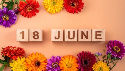 Wooden Blocks with Date 18 June. Floral Calendar – Vibrant Flowers on Solid Colored Background