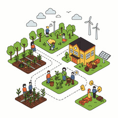 An intricate isometric illustration depicts a thriving community engaged in sustainable agriculture, renewable energy generation, and collaborative eco-friendly living practices.
