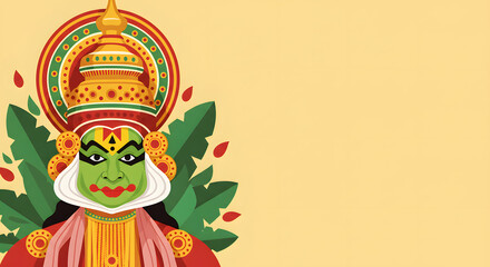 Onam festival illustration of a kathakali dancer with a headdress a concept for kerala culture traditional art and a folk dance performance