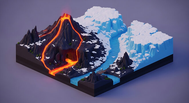 Isometric 3D diorama illustrating the elemental contrast between a fiery volcanic eruption and a frozen arctic glacier