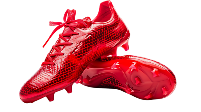 Illustration of pair of red football cleats isolated on transparent background, showcasing their design, spikes, and laces, ideal for sports, games, and athletic performance on the field