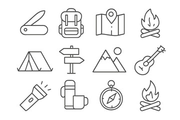 Camping and hiking line icon collection. Outdoor adventure, travel, and exploration symbols. Vector outline icon set for web, graphic design, apps. Tent, campfire, mountain.