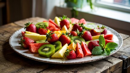 Bright image of a fresh fruit platter with sliced watermelon pineapple kiwi and strawberries arranged on a large white plate