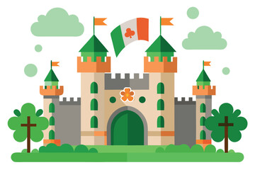 St patricks day castle with irish flag and shamrock, vector illustration