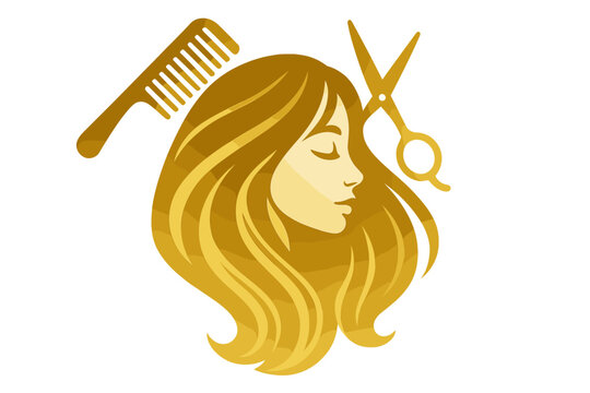 Hair salon logo with beautiful woman face silhouette. Golden scissors and comb for hairdresser. Beauty spa icon. Vector illustration for hairstylist, coiffure, and haircut.