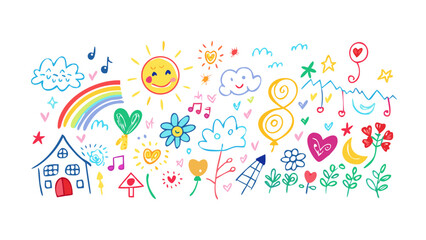 Cheerful doodle art with sun rainbow and flowers colorful