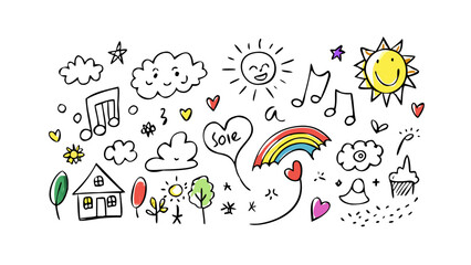 Cheerful doodle elements with sun and rainbow hearts