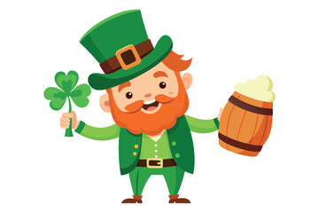 Cartoon leprechaun with clover and beer barrel